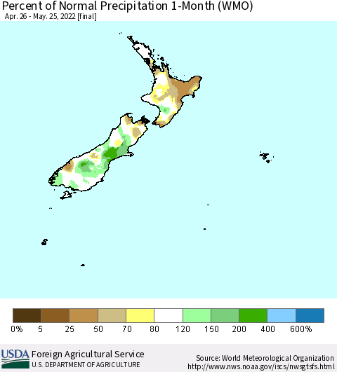 New Zealand Percent of Normal Precipitation 1-Month (WMO) Thematic Map For 4/26/2022 - 5/25/2022
