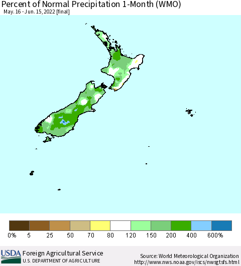New Zealand Percent of Normal Precipitation 1-Month (WMO) Thematic Map For 5/16/2022 - 6/15/2022