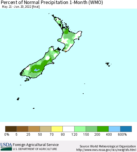 New Zealand Percent of Normal Precipitation 1-Month (WMO) Thematic Map For 5/21/2022 - 6/20/2022