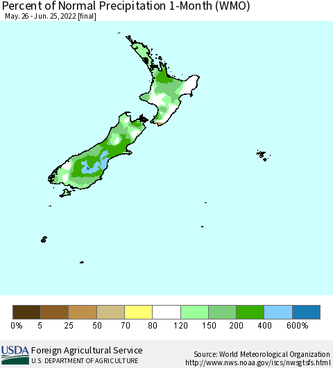 New Zealand Percent of Normal Precipitation 1-Month (WMO) Thematic Map For 5/26/2022 - 6/25/2022