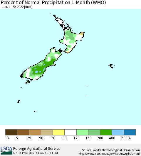 New Zealand Percent of Normal Precipitation 1-Month (WMO) Thematic Map For 6/1/2022 - 6/30/2022