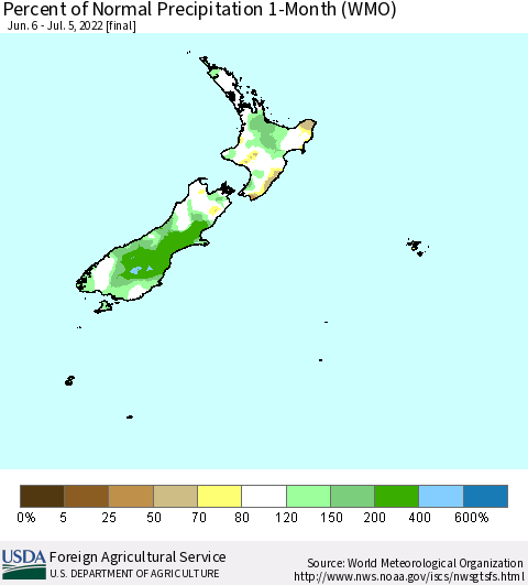 New Zealand Percent of Normal Precipitation 1-Month (WMO) Thematic Map For 6/6/2022 - 7/5/2022