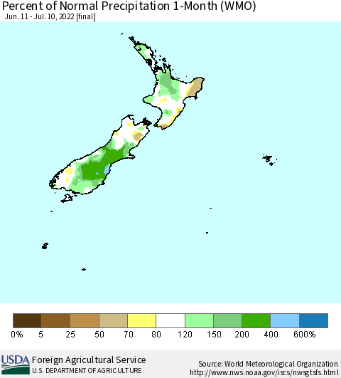 New Zealand Percent of Normal Precipitation 1-Month (WMO) Thematic Map For 6/11/2022 - 7/10/2022