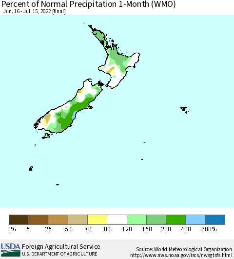 New Zealand Percent of Normal Precipitation 1-Month (WMO) Thematic Map For 6/16/2022 - 7/15/2022