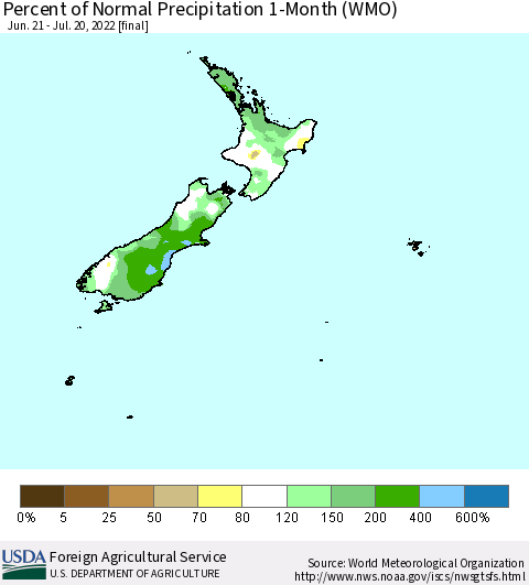 New Zealand Percent of Normal Precipitation 1-Month (WMO) Thematic Map For 6/21/2022 - 7/20/2022