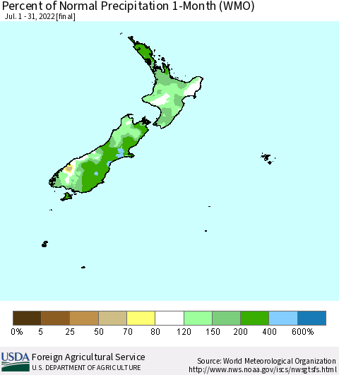 New Zealand Percent of Normal Precipitation 1-Month (WMO) Thematic Map For 7/1/2022 - 7/31/2022