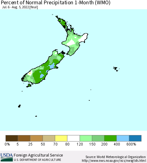 New Zealand Percent of Normal Precipitation 1-Month (WMO) Thematic Map For 7/6/2022 - 8/5/2022