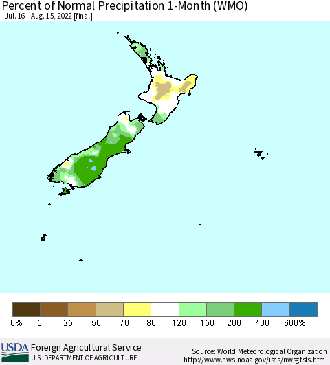 New Zealand Percent of Normal Precipitation 1-Month (WMO) Thematic Map For 7/16/2022 - 8/15/2022