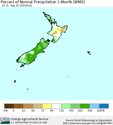 New Zealand Percent of Normal Precipitation 1-Month (WMO) Thematic Map For 7/21/2022 - 8/20/2022