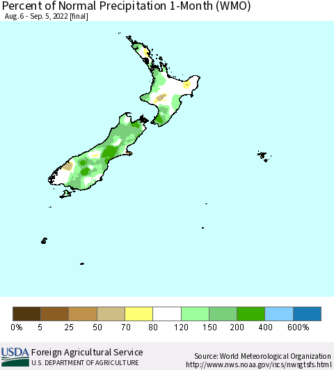 New Zealand Percent of Normal Precipitation 1-Month (WMO) Thematic Map For 8/6/2022 - 9/5/2022