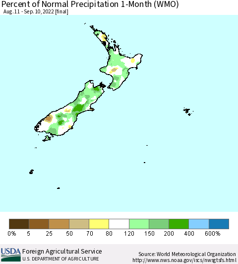 New Zealand Percent of Normal Precipitation 1-Month (WMO) Thematic Map For 8/11/2022 - 9/10/2022