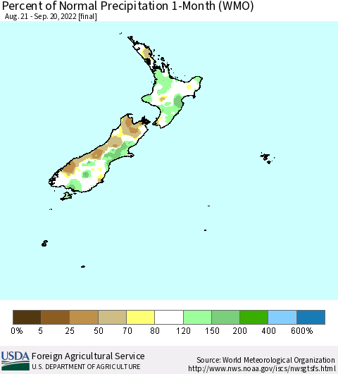 New Zealand Percent of Normal Precipitation 1-Month (WMO) Thematic Map For 8/21/2022 - 9/20/2022