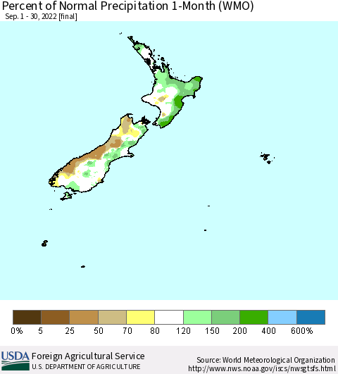 New Zealand Percent of Normal Precipitation 1-Month (WMO) Thematic Map For 9/1/2022 - 9/30/2022