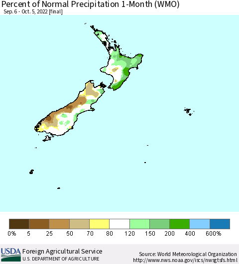 New Zealand Percent of Normal Precipitation 1-Month (WMO) Thematic Map For 9/6/2022 - 10/5/2022
