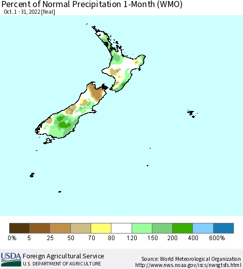 New Zealand Percent of Normal Precipitation 1-Month (WMO) Thematic Map For 10/1/2022 - 10/31/2022