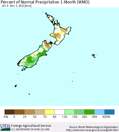 New Zealand Percent of Normal Precipitation 1-Month (WMO) Thematic Map For 10/6/2022 - 11/5/2022