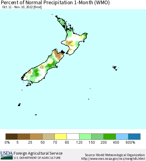 New Zealand Percent of Normal Precipitation 1-Month (WMO) Thematic Map For 10/11/2022 - 11/10/2022