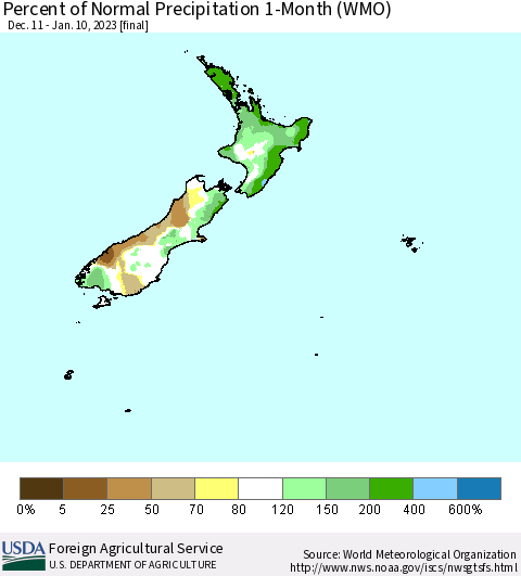 New Zealand Percent of Normal Precipitation 1-Month (WMO) Thematic Map For 12/11/2022 - 1/10/2023