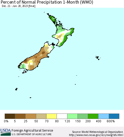 New Zealand Percent of Normal Precipitation 1-Month (WMO) Thematic Map For 12/21/2022 - 1/20/2023
