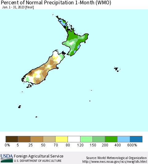 New Zealand Percent of Normal Precipitation 1-Month (WMO) Thematic Map For 1/1/2023 - 1/31/2023