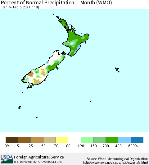 New Zealand Percent of Normal Precipitation 1-Month (WMO) Thematic Map For 1/6/2023 - 2/5/2023