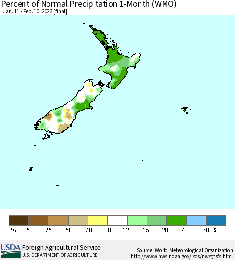 New Zealand Percent of Normal Precipitation 1-Month (WMO) Thematic Map For 1/11/2023 - 2/10/2023
