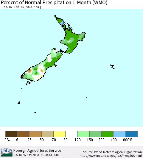 New Zealand Percent of Normal Precipitation 1-Month (WMO) Thematic Map For 1/16/2023 - 2/15/2023