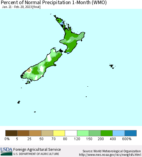 New Zealand Percent of Normal Precipitation 1-Month (WMO) Thematic Map For 1/21/2023 - 2/20/2023