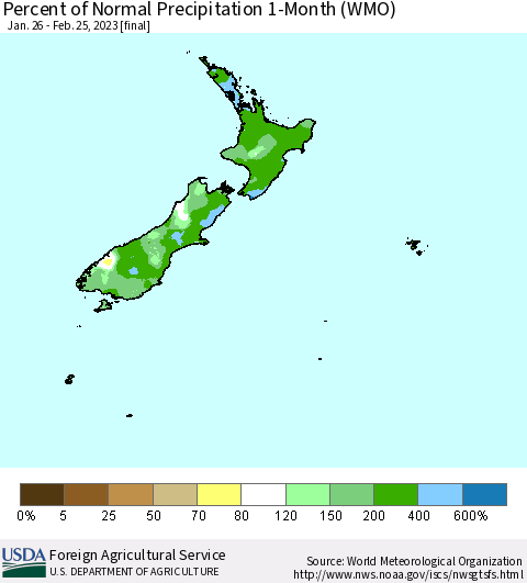 New Zealand Percent of Normal Precipitation 1-Month (WMO) Thematic Map For 1/26/2023 - 2/25/2023