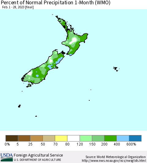 New Zealand Percent of Normal Precipitation 1-Month (WMO) Thematic Map For 2/1/2023 - 2/28/2023