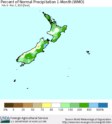 New Zealand Percent of Normal Precipitation 1-Month (WMO) Thematic Map For 2/6/2023 - 3/5/2023