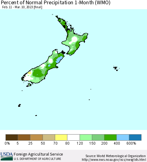 New Zealand Percent of Normal Precipitation 1-Month (WMO) Thematic Map For 2/11/2023 - 3/10/2023