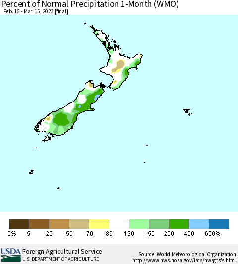 New Zealand Percent of Normal Precipitation 1-Month (WMO) Thematic Map For 2/16/2023 - 3/15/2023
