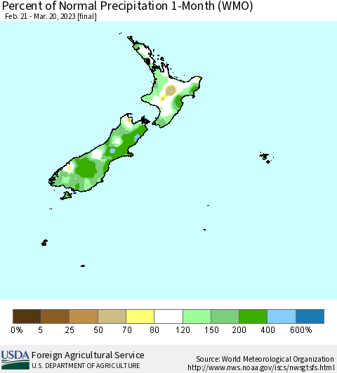 New Zealand Percent of Normal Precipitation 1-Month (WMO) Thematic Map For 2/21/2023 - 3/20/2023
