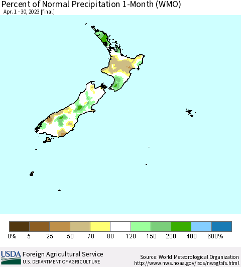 New Zealand Percent of Normal Precipitation 1-Month (WMO) Thematic Map For 4/1/2023 - 4/30/2023