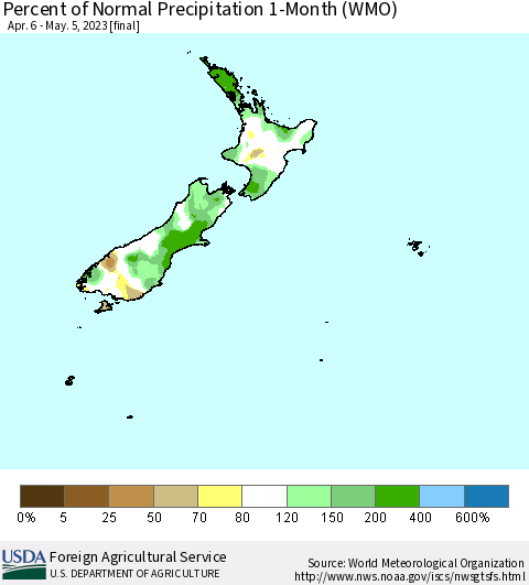 New Zealand Percent of Normal Precipitation 1-Month (WMO) Thematic Map For 4/6/2023 - 5/5/2023