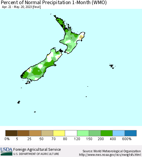 New Zealand Percent of Normal Precipitation 1-Month (WMO) Thematic Map For 4/21/2023 - 5/20/2023