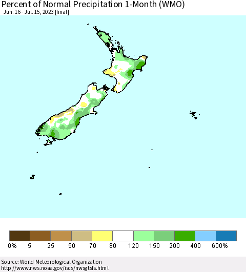 New Zealand Percent of Normal Precipitation 1-Month (WMO) Thematic Map For 6/16/2023 - 7/15/2023