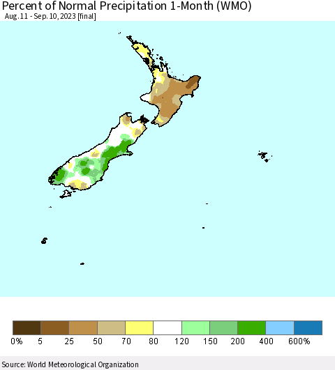 New Zealand Percent of Normal Precipitation 1-Month (WMO) Thematic Map For 8/11/2023 - 9/10/2023