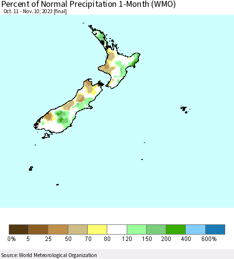 New Zealand Percent of Normal Precipitation 1-Month (WMO) Thematic Map For 10/11/2023 - 11/10/2023