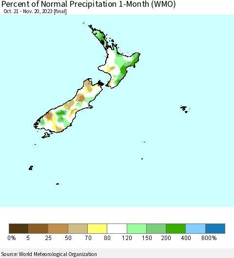 New Zealand Percent of Normal Precipitation 1-Month (WMO) Thematic Map For 10/21/2023 - 11/20/2023