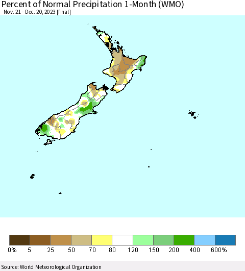 New Zealand Percent of Normal Precipitation 1-Month (WMO) Thematic Map For 11/21/2023 - 12/20/2023