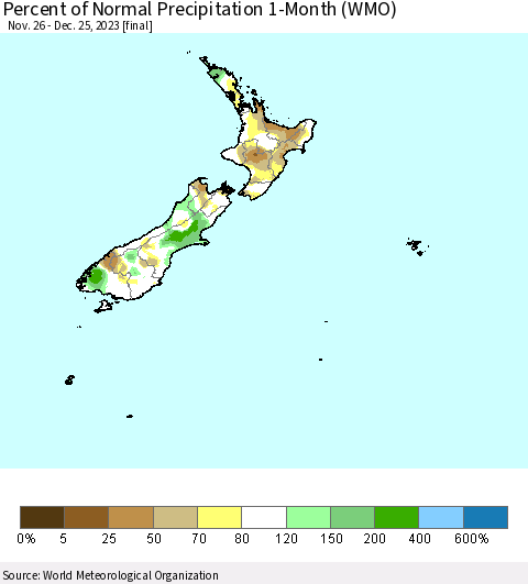 New Zealand Percent of Normal Precipitation 1-Month (WMO) Thematic Map For 11/26/2023 - 12/25/2023