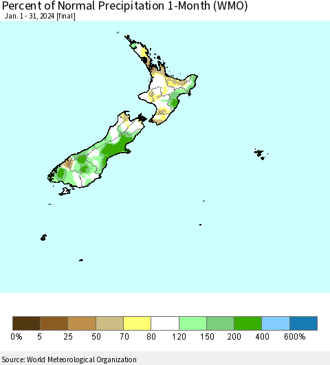 New Zealand Percent of Normal Precipitation 1-Month (WMO) Thematic Map For 1/1/2024 - 1/31/2024