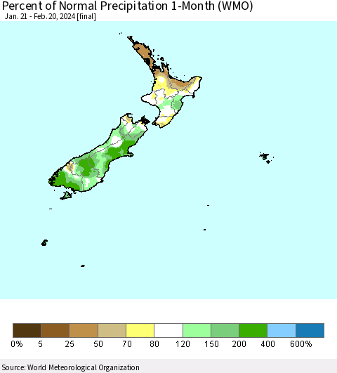 New Zealand Percent of Normal Precipitation 1-Month (WMO) Thematic Map For 1/21/2024 - 2/20/2024