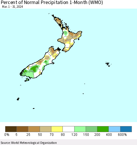 New Zealand Percent of Normal Precipitation 1-Month (WMO) Thematic Map For 3/1/2024 - 3/31/2024