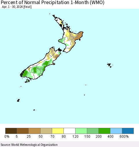 New Zealand Percent of Normal Precipitation 1-Month (WMO) Thematic Map For 4/1/2024 - 4/30/2024