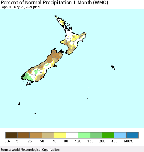 New Zealand Percent of Normal Precipitation 1-Month (WMO) Thematic Map For 4/21/2024 - 5/20/2024