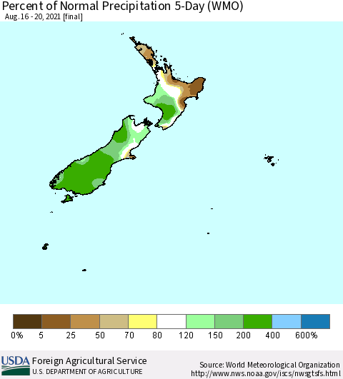 New Zealand Percent of Normal Precipitation 5-Day (WMO) Thematic Map For 8/16/2021 - 8/20/2021