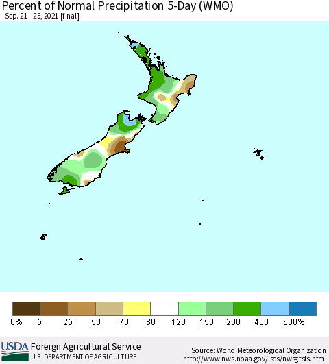New Zealand Percent of Normal Precipitation 5-Day (WMO) Thematic Map For 9/21/2021 - 9/25/2021